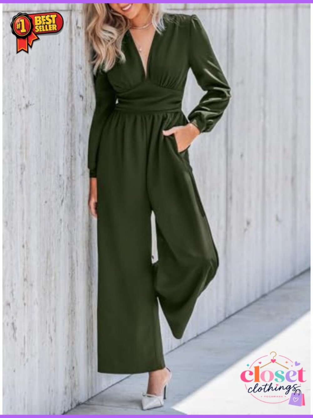 CUPSHE Women's One Piece Jumpsuit with Pockets V-Neck Wide Leg Long Sleeve